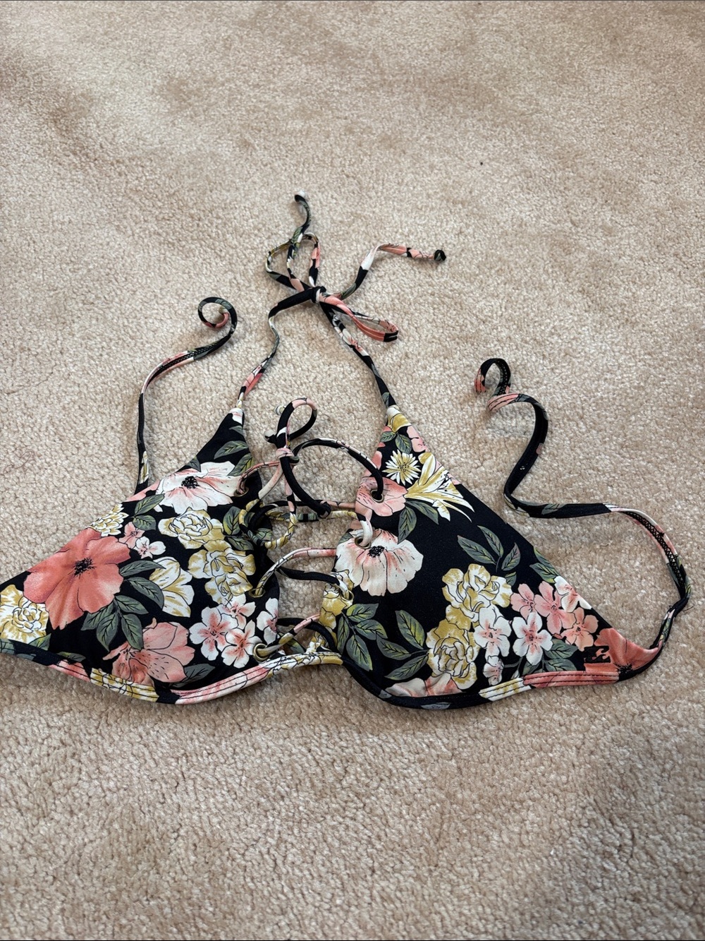 Billabong Black Floral Bikini Top with Pink and Yellow Flowers
